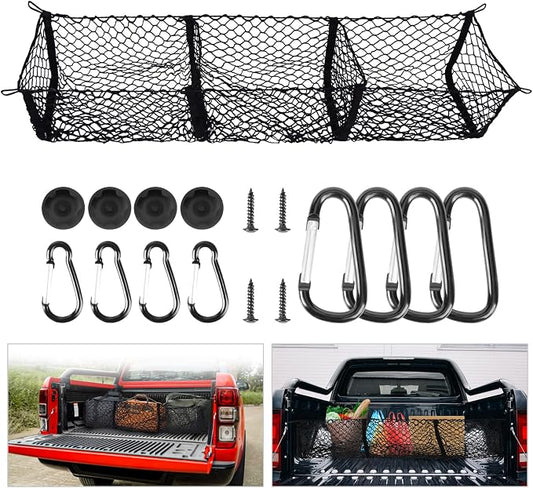 Truck Bed Cargo Net with Detachable 3 Pocket, 59“ Long Pickup Trunk Mesh Organizers & Elastic Storage for Tacoma Ford Chevy Silverado GMC etc,Grocery Holder Trunk Net with 8 Carabiners Accessories