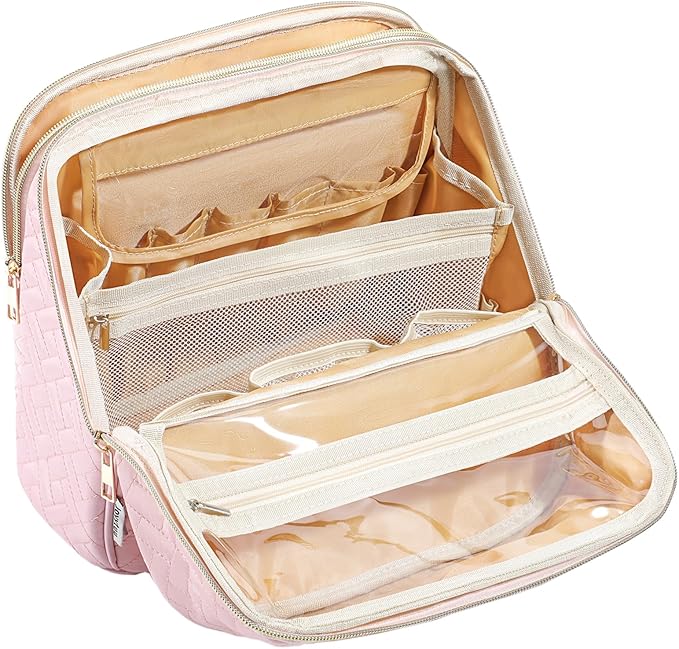 Makeup Bag, Large Capacity with Room for Brushes and Mirror, Travel Makeup Organizer, Portable Standing Make Up Case, Waterproof Cosmetic Bags with Handle, Color Pink