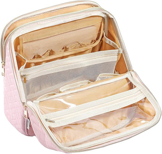 Makeup Bag, Large Capacity with Room for Brushes and Mirror, Travel Makeup Organizer, Portable Standing Make Up Case, Waterproof Cosmetic Bags with Handle, Color Pink