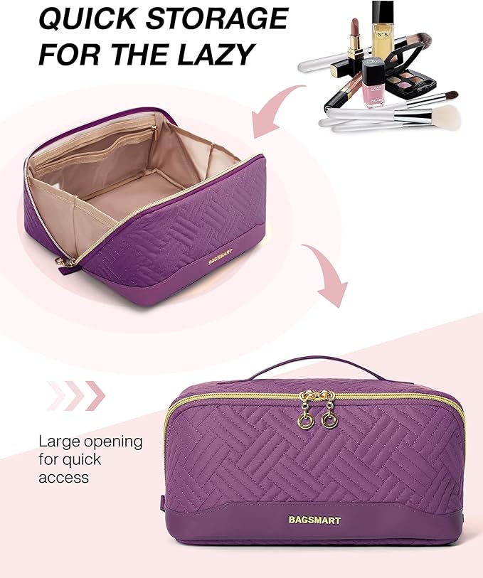 BAGSMART Makeup Bag Cosmetic Bag, Travel Makeup Bag,Water-resistent Makeup Bags for Women Portable Pouch Open Flat Make Up Organizer Bag for Toiletries, Brushes, Purple