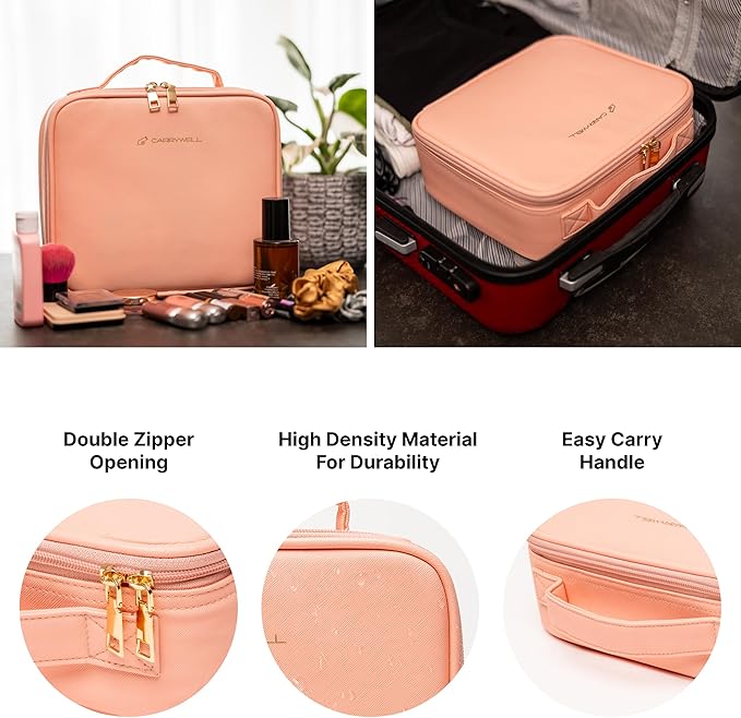 Makeup Bag Travel Case, Not-Made In China, Hard Train Case for Cosmetics, Portable Beauty Artists Organizer, Cosmetic Storage Box With Adjustable Dividers For Make Up and Brushes, Small Pink