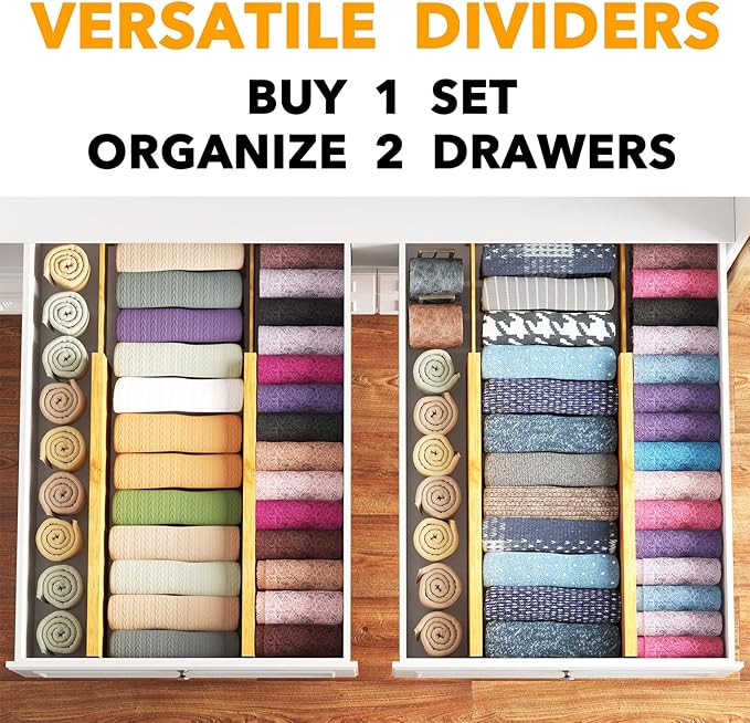 SpaceAid Bamboo 4 Pack Dresser Drawer Dividers, 4.65??High Adjustable 17??22??Drawer Organizers, Expandable Organization for Clothing, Clothes, Dressers, Natural