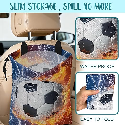 Car Garbage Bag Soccer Ball with Water and Fire Drawstring Car Trash Bag Hanging for Back Seat with Adjustable Buckle Canvas Vehicle Trash Can Easy-to-Install