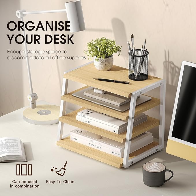 Fenge Dual Monitor Riser with Drawer & 4 Tier Desktop Organizer, Oak