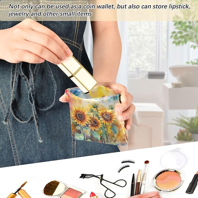 Sunflower Women's Waterproof PU Leather Coin Purse, Slim Travel Wallet with Zipper - Compact Card Holder & Jewelry Organizer for Cash, Keys, Lipstick