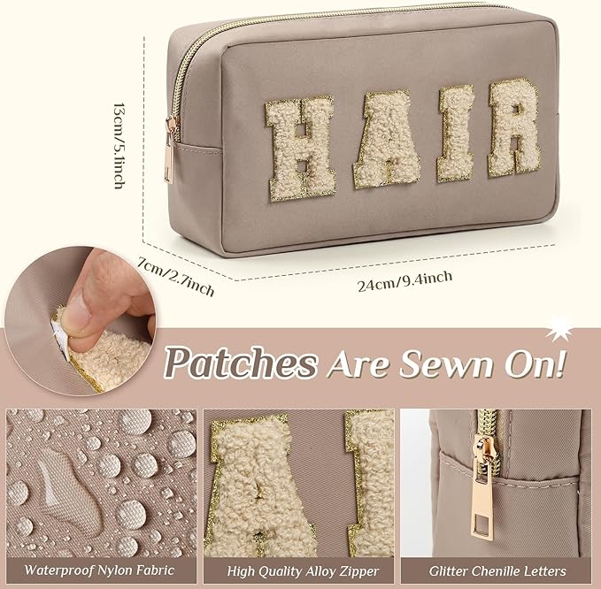 Cunno 4 Pcs Preppy Makeup Bags Chenille Letter Stuff Bag Nylon Cosmetic Pouch Cases with Zipper for Women Travel Toiletry