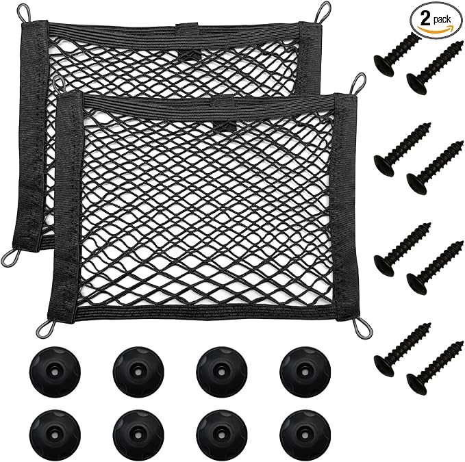 2PCS Double Layer Elastic Cargo Net, 14×10 Inch Small Pocket Stretchable Storage Mesh Net, Automotive Organize Pouch Mesh Net with 8 Mounting Screws and Hooks for Trunk RV SUV Car Boats