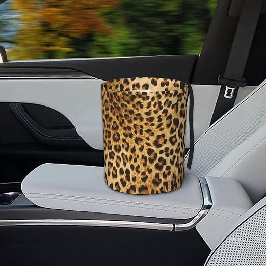 Car Garbage Bag Brown Leopard Mini Car Trash Bin Portable Collapsible Waterproof Rubbish Bag for Car Accessories Back Front Seat Cup Holder