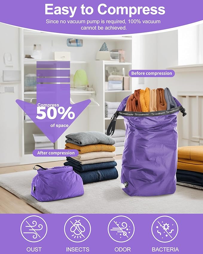 Travel Compression Laundry Bag for Dirty Clothes, Pump-Free Vacuum Space Saver Bag, Reusable Waterproof Wet Dry Bag, Travel Laundry Bag for Luggage, Packing, Suitcase (1 Pcs)（Purple, L)