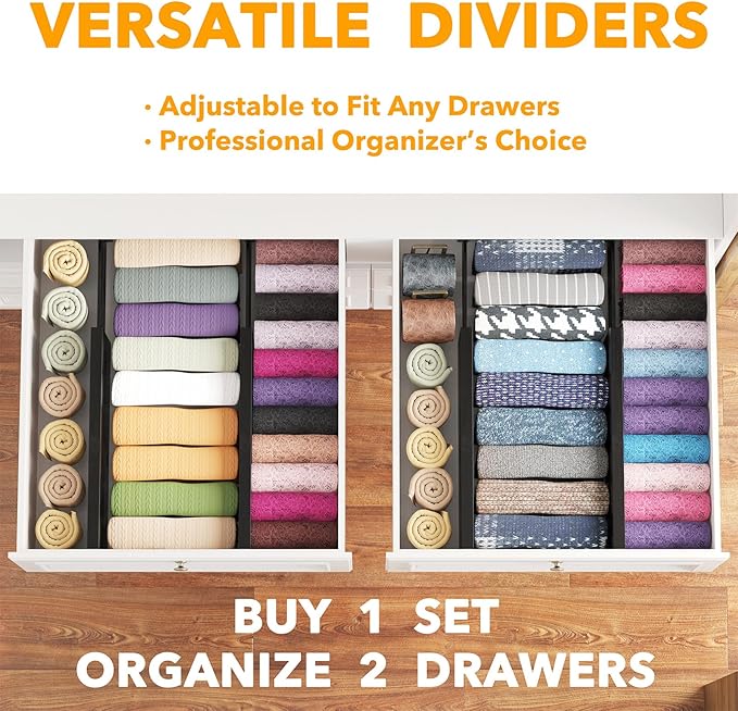 SpaceAid Bamboo 4 Pack Dresser Drawer Dividers, 4.65??High Adjustable 12.5??17??Drawer Organizers, Expandable Organization for Clothing, Clothes, Dressers, Black