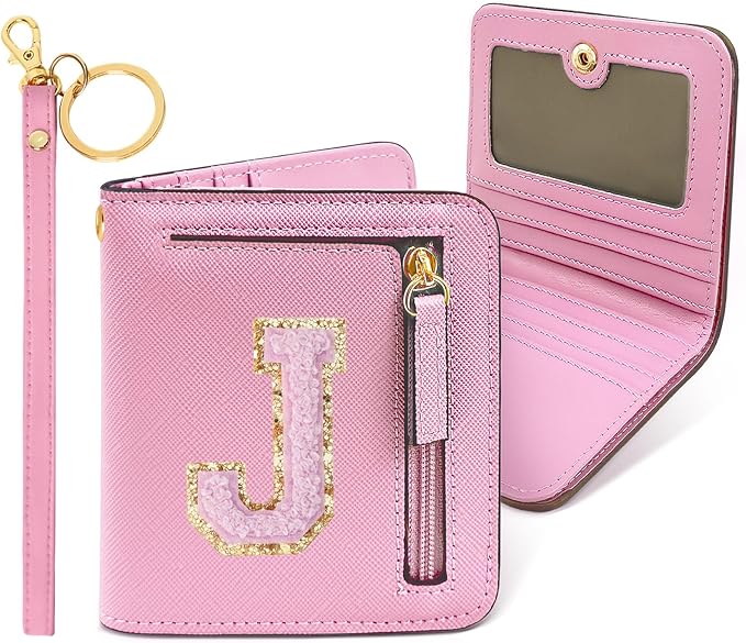 COSHAYSOO Small RFID Wallet Bifold First Communion Baptism Gifts for Tween Dance Team Girls Preteens Christmas Valentines Easter Nurse Graduation Gift Ideas Chenille Letter J Pink