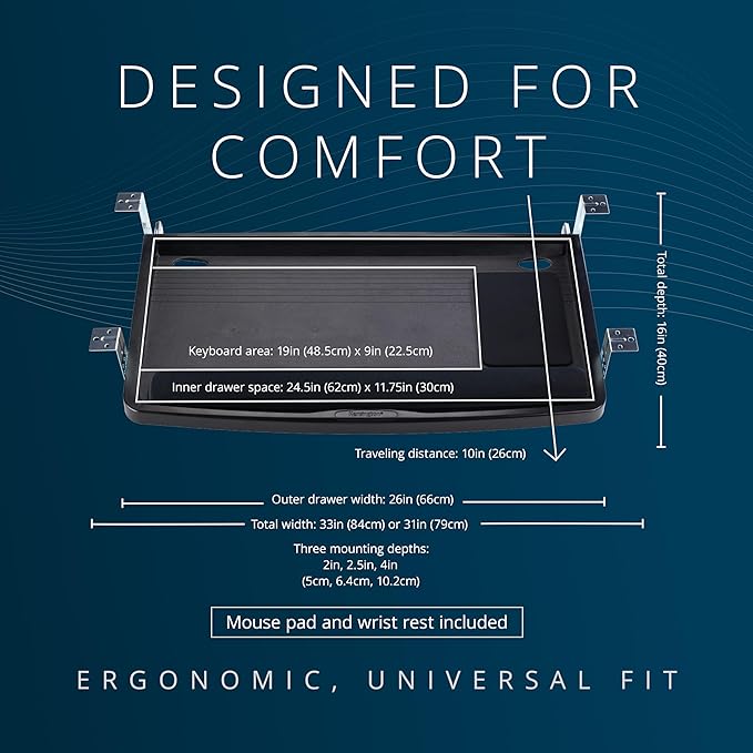 Kensington Keyboard Tray Under Desk, SmartFit Ergonomic Slide-Out Keyboard Drawer with Cable Management, Extra-Wide Height Adjustable Keyboard Holder, 24.5" x 11.75", Black K60004US