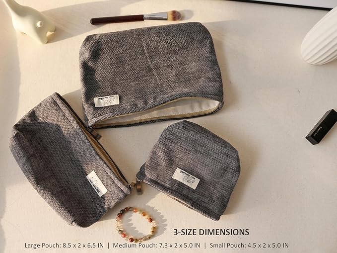 HAPPYHEIDI Gray Velvet Makeup Bag Set 3 with Compartment Cosmetic Toiletry Travel Pouch,Purse Accessory Organizer, 3-Size, Canvas Lined