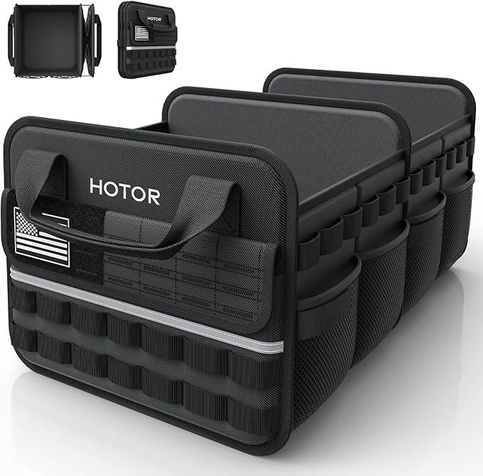 HOTOR Tactical Car Trunk Organizer - Foldable Trunk Organizer for SUV with Front MOLLE Pocket & Reflective Strips, Essential Car Accessories for Tools & Outdoor Storage, 15.0" x 23.6" x 11.0", Black
