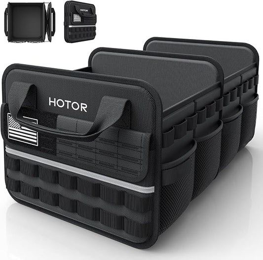 HOTOR Tactical Car Trunk Organizer - Foldable Trunk Organizer for SUV with Front MOLLE Pocket & Reflective Strips, Essential Car Accessories for Tools & Outdoor Storage, 15.0" x 23.6" x 11.0", Black