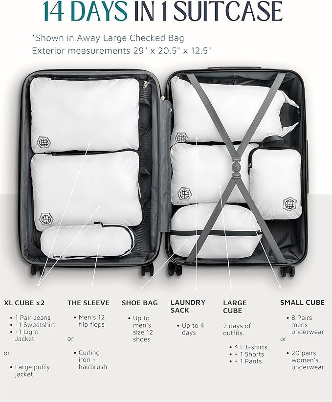 Large Compression Packing Cubes for Travel-Packing Cube Luggage Organizers 7 Piece Set for Checked Luggage-Ultralight, Expandable/Compression Bags by TRIPPED Travel Gear (White/Grey)