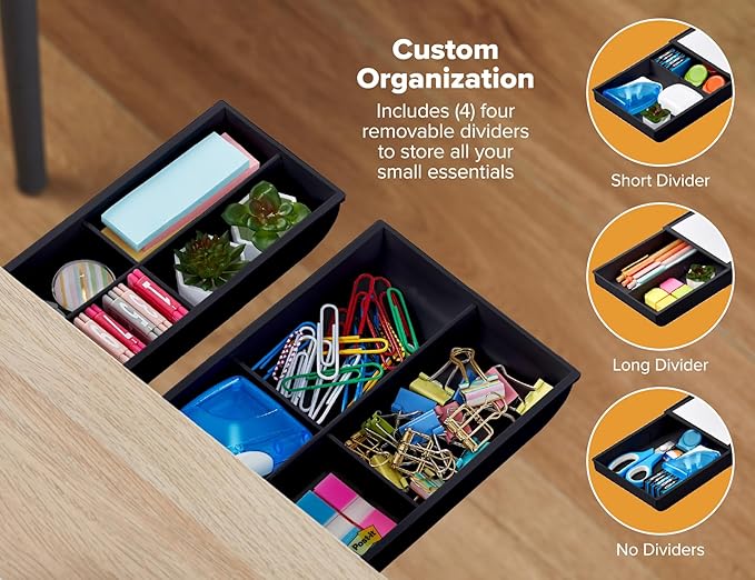 Bostitch Konnect Under Desk Drawer,Self-Adhesive Slide Out Storage Organizer with 4 Customizable Dividers,2 Count (Pack of 6)