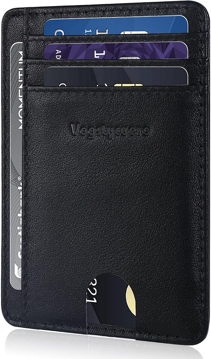 Slim Minimalist Front Pocket Thin Wallet RFID Blocking 100% Genuine Grain Leather Credit Card Holder for Men Women with Gift Box - Grain Leather Black
