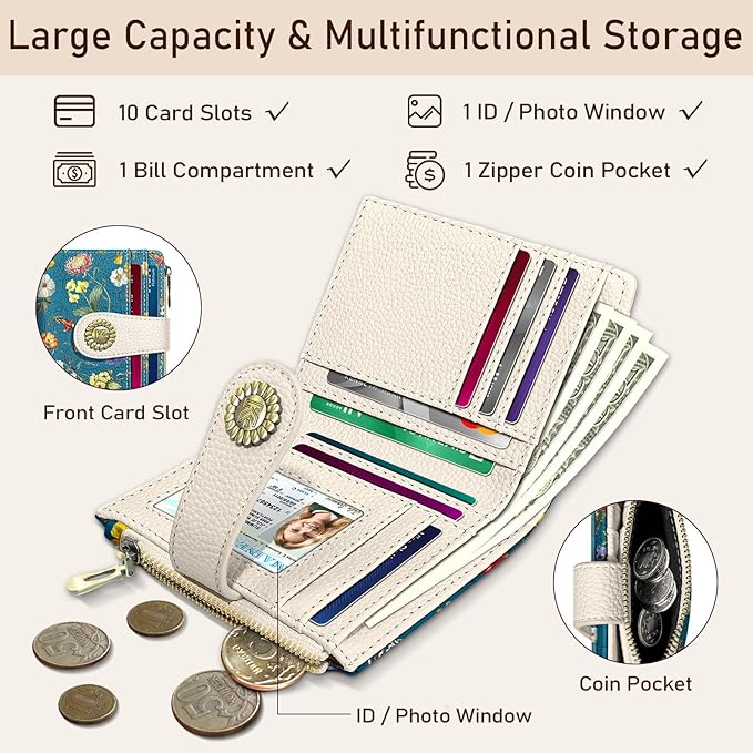 Kelvoris Blue Vibrant Floral Small Rfid Women Wallet Bifold Zipper Coin Pocket PU Leather Compact Cash Credit Card Holder Travel Wallet for Female Ladies Teen Girls 1 ID Window 10 Card Slots