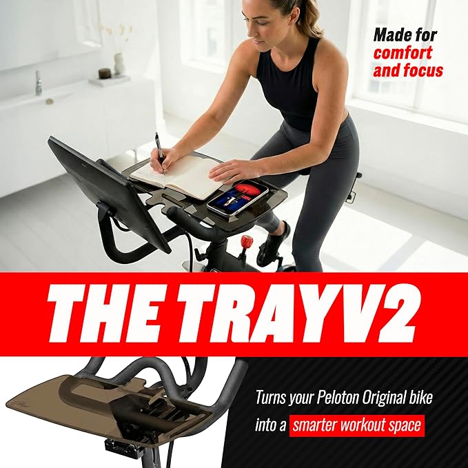 TFD The Tray V2 for Peloton Bike Original Models, Flat Acrylic Desk Tray with Phone and Pen Holders, Laptop and Tablet Tray for Work, Reading, or Viewing While Riding, Dark