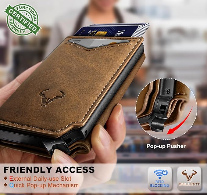 BULLIANT Men Wallet Leather Wallet Card Holders Money Clip for Men 10Cards-Magnetic Flip on Metal Case