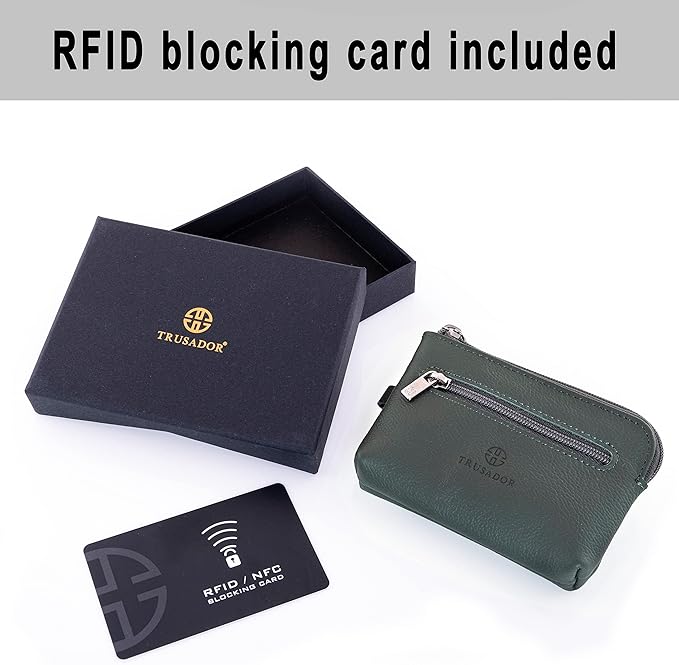 Trusador Milano Unisex Leather Front Pocket Wallet Coin Purse Zipper Pouch with Keychain (Green)