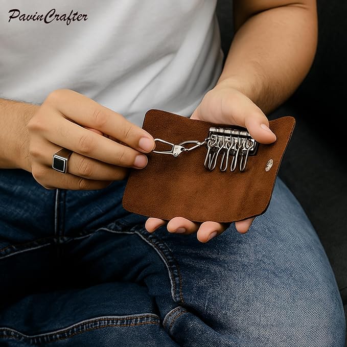 Leather Key Sleeve Brown Genuine Leather Key Holder with Ring, Compact Key Organizer for Men & Women