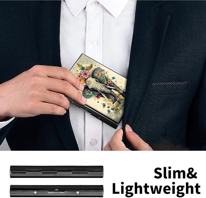 Metal Wallet, Credit Card Holder for Women Men Girls, RFID Blocking Aluminum Wallet Slim Hard Case, Mini Travel Wallet, ID Card Holder Business Card Case,Elephant Flowers