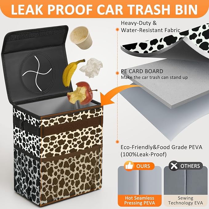 Vankor Car Trash Can for Car Cute,Bag Bin Hanging Waterproof Automotive Garbage Cans Leak Proof Vehicle Trash Can Cow Print