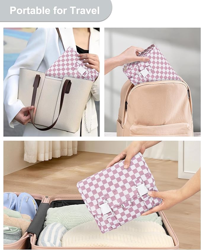 Small Hanging Toiletry Bag for Men and Women, Portable Hanging Organizer for Travel-Sized Dopp Kit, Makeup Accessories, Waterproof Toiletries Organizer with 3 Compartments for Outdoor - Plaid Purple