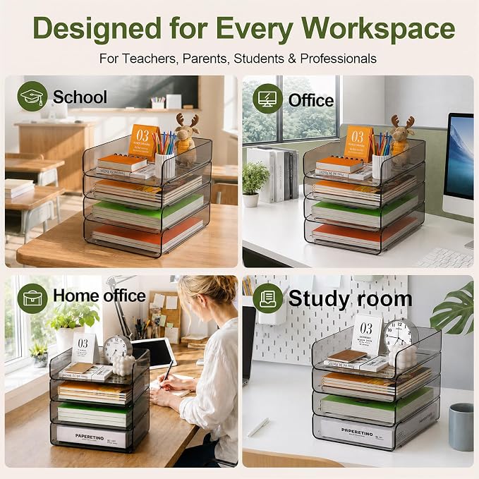 FANXIYQ 4-Tier Acrylic Paper Tray Organizer, Smoked Brown Stackable Desk File Organizer for Documents, Files, Letters, A4 Paper, Books, Notes, Mail & Paper Storage, Office Classroom Home