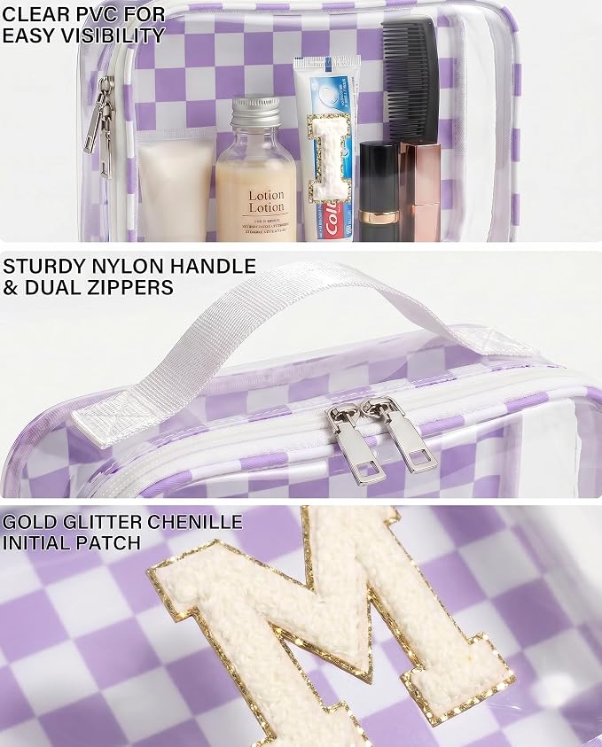 LETGO Initial Makeup Bags for Women, Personalized Portable Cosmetic Bag with Zipper,Cute Beach Makeup Pouch, Bridesmaid Gifts for Wedding Day,Girl Preppy Trendy Stuff Beach Essentials(T,Purple&Beige)