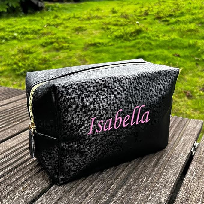 GOPHIE Personalized Embroidered Makeup Bag, Toiletry Bag for Women, Large Cosmetic Travel Bag, Gift For Bridesmaid,Set of 6,Black