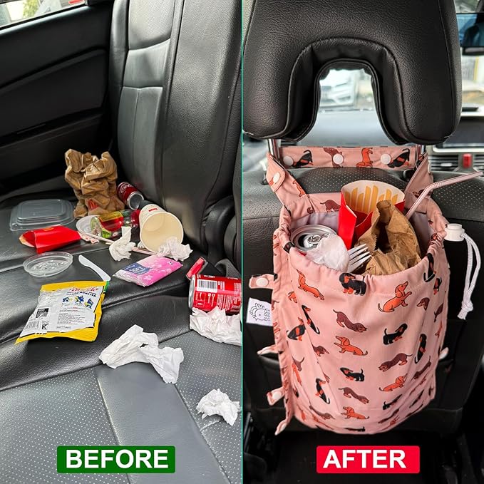 FLOCK THREE Leak-Proof Waterproof Car Trash Bag Foldable Multipurpose Trash bin Container Storage Cute Grocery Organizer for Automotive Cars SUVs and Trucks Backseat Headrest 7 Liters