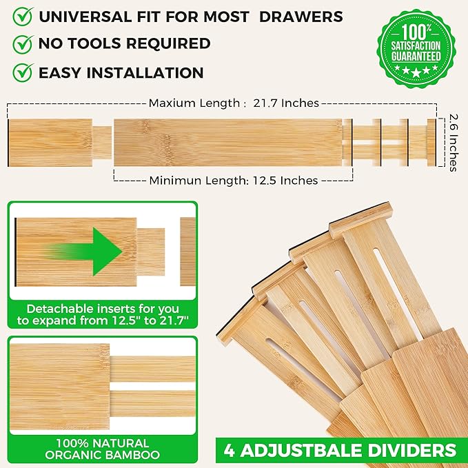 4 Pack Bamboo Drawer Dividers Organizer with Inserts 2.6'' High, Expandable from 12.5-21.7", Adjustable Drawer Organizer Separators for Utensils, Clothing, Office, Dresser, Bedroom, (Beige)