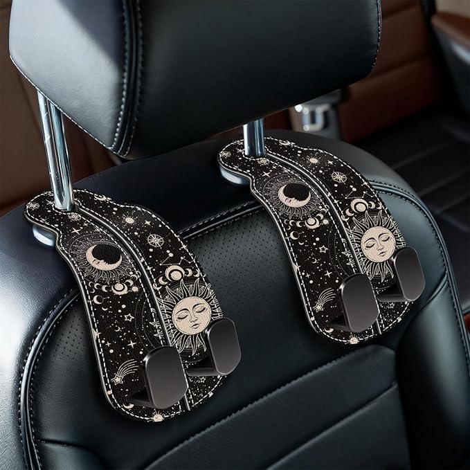Blusabaca 2PCS Car Seat Back Storage Headrest Hooks, Sun and Moon Purse Holder Bags Hanger, PU Leather Double Metal Hook for Backseat Organizer, Women Car Accessories Organization