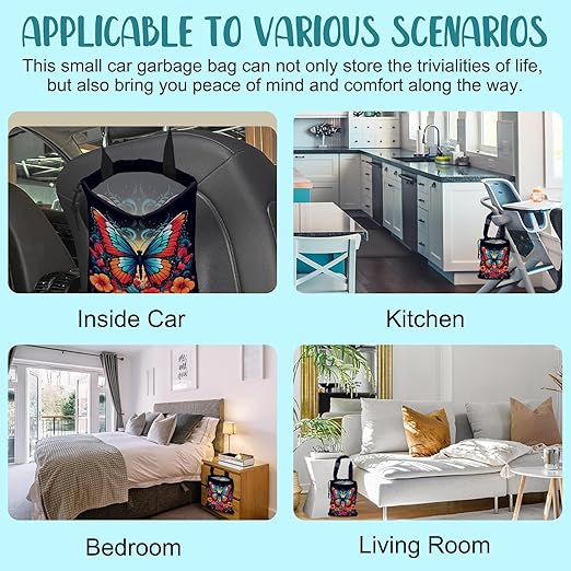 Car Garbage Bag Colorful Butterfly with Flowers Hanging Canvas Car Trash Bag Waterproof Drawstring Car Back Seat Organizer for Car Back Front Seat Console with Adjustable Buckle