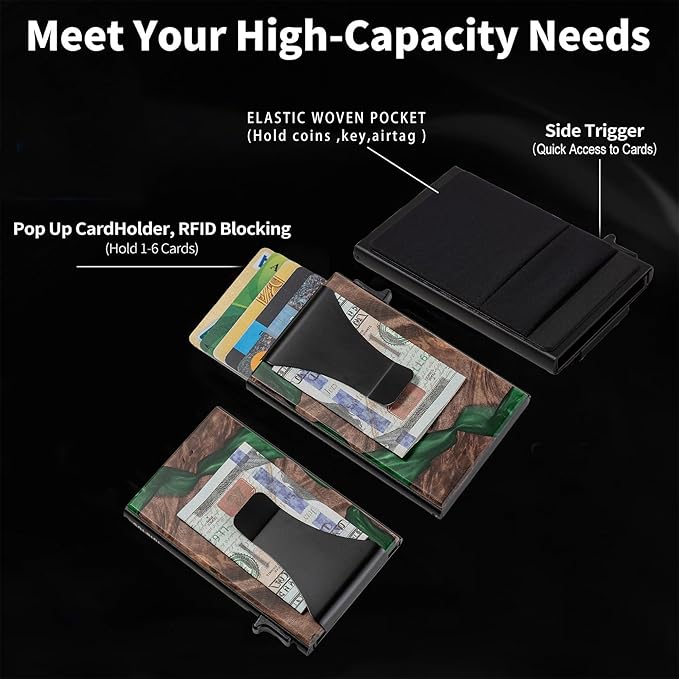 Slim Aluminum Wallet for Men, RFID Blocking Minimalist Matel Pop Up Card Holder Wallet, Holds 8+ Cards,Durable Removable Money Clip & Money Pocket(Resin Green Wood)