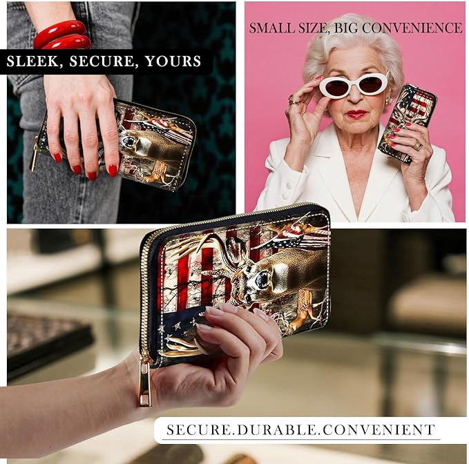 RFID-Blocking Zip Around Wallets for Women with Detachable Wrist Strap,Large Capacity Phone Holder with Card Organizer & Coin Pocket,Deer and American Flag