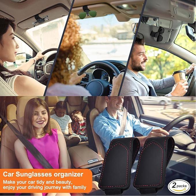 Hoffi Black Sunglasses Holder for car Visor, 2 Packs Magnetic Leather Sunglasses Clip for car Visor, car Accessories for Women and Men Interior, Visor Sunglasses Holder Clip（Black*2）
