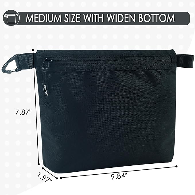 YUMQUA Small Pouch for Travel Essentials, Makeup Pouch Bag with Carabiner Clip on Backpack Dopp Kit Storage Organization for Toiletries, Cosmetics, Tech, Tools, Water Resistant 500D Nylon (Black)