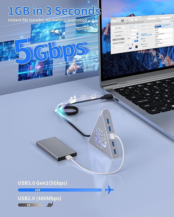7-Port USB 3.0 Hub, Silver Vertical USB Expander with Tree-Themed RGB Lighting, 5Gbps Transfer Speed, 2FT Extension Cable, for MacBook, Laptop, Desktop, Xbox, Flash Drive, Printer