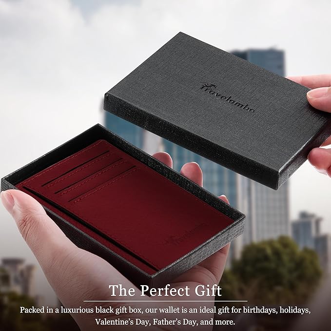 Travelambo 100% Genuine Leather Wallet for Men and Women, Slim Minimalist RFID Blocking Front Pocket Credit Card Holder with Gift Box(Red 963)