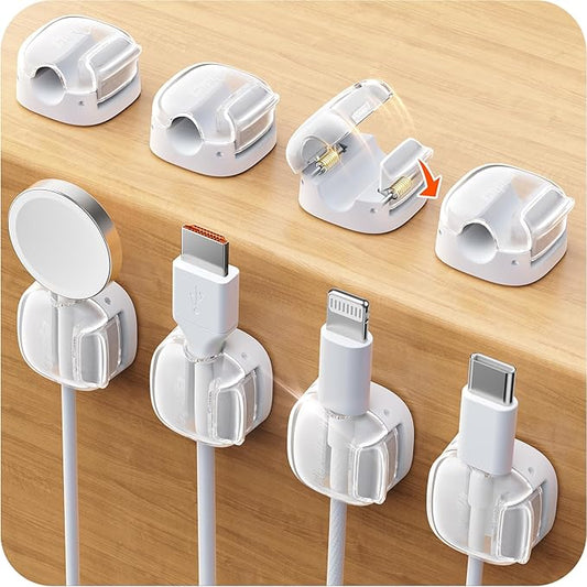 Cable Clips,8 Pack Cord Holder Cord Organizer [1s Lock & Strongest Adhesive] Spring Cord Clips Phone Charger Wire Desk Cable Management Nightstand Home Office School Decor Women Desk Accessories White