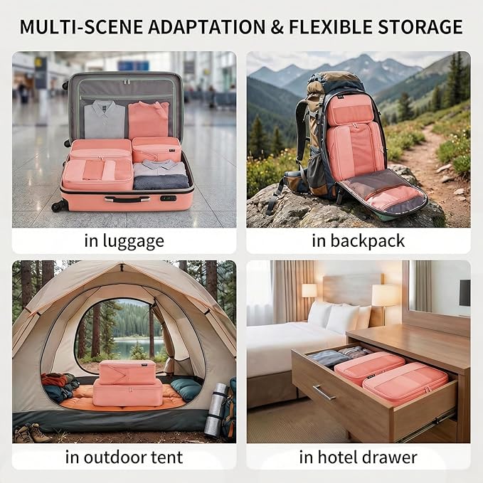 4 Piece Compression Packing Cubes for 3–7 Day Travel, Space Saving Travel Organizers with Breathable Mesh, Double-Zipper Packing Cubes for Carry-On & Suitcases (Blush)