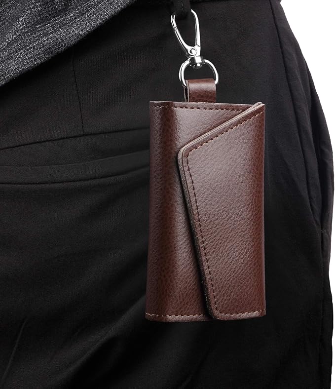 BAKUN Compact Leather Car Key Case, Key Holder Key Organizer Wallet, With 6 Hooks(Brown)
