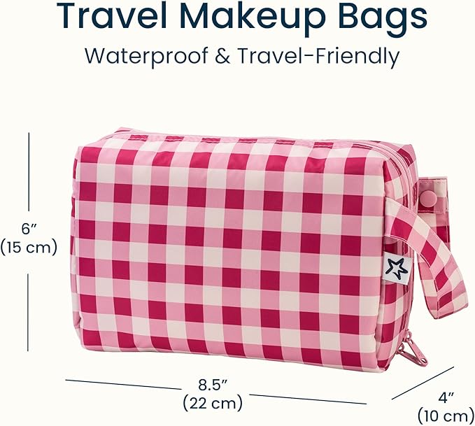 Tiny Twinkle Waterproof Travel Toiletry & Makeup Bag Organizer | Makeup Pouch with Multiple Compartments & Snap Handle for Travel | Gift for Teen Girls and Women (Raspberry Gingham)