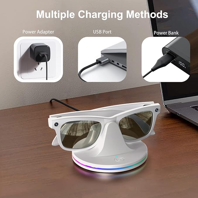 Charging Dock for Ray-Ban Meta Smart Glasses,Charging Station Compatible with Wayfarer, Skyler, Headliner & Oakley HSTN,Smart Glasses Accessories with LED Indicator,Ambient Lighting,White