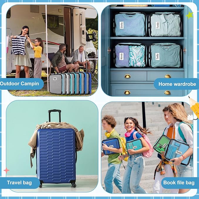 7 Pcs Packing Cubes for Travel Days of Week Compression Packing Cube with Labels Organizers Luggage Storage Bag(Blue,Large)