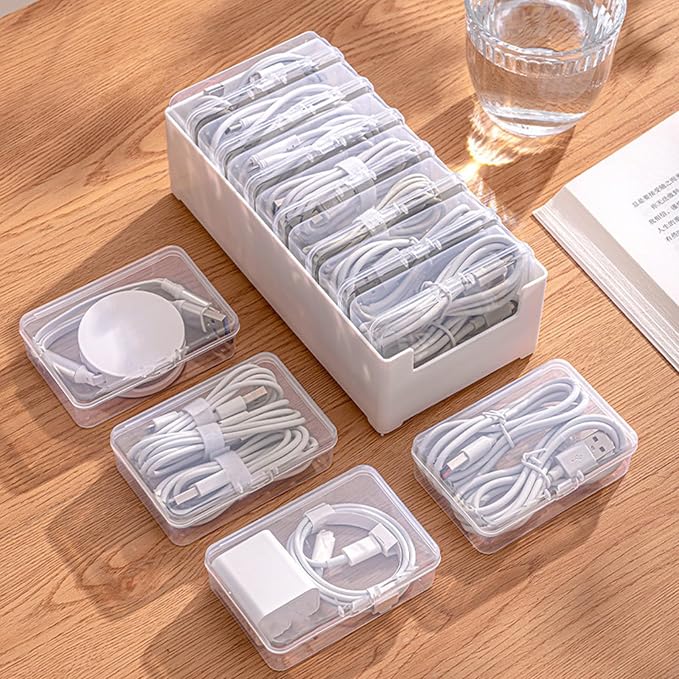 Cable Organizer Box for Charging Cords, Desk Wire Management Holder with Adjustable Dividers, Lightweight Charging Cable Storage Case for Home